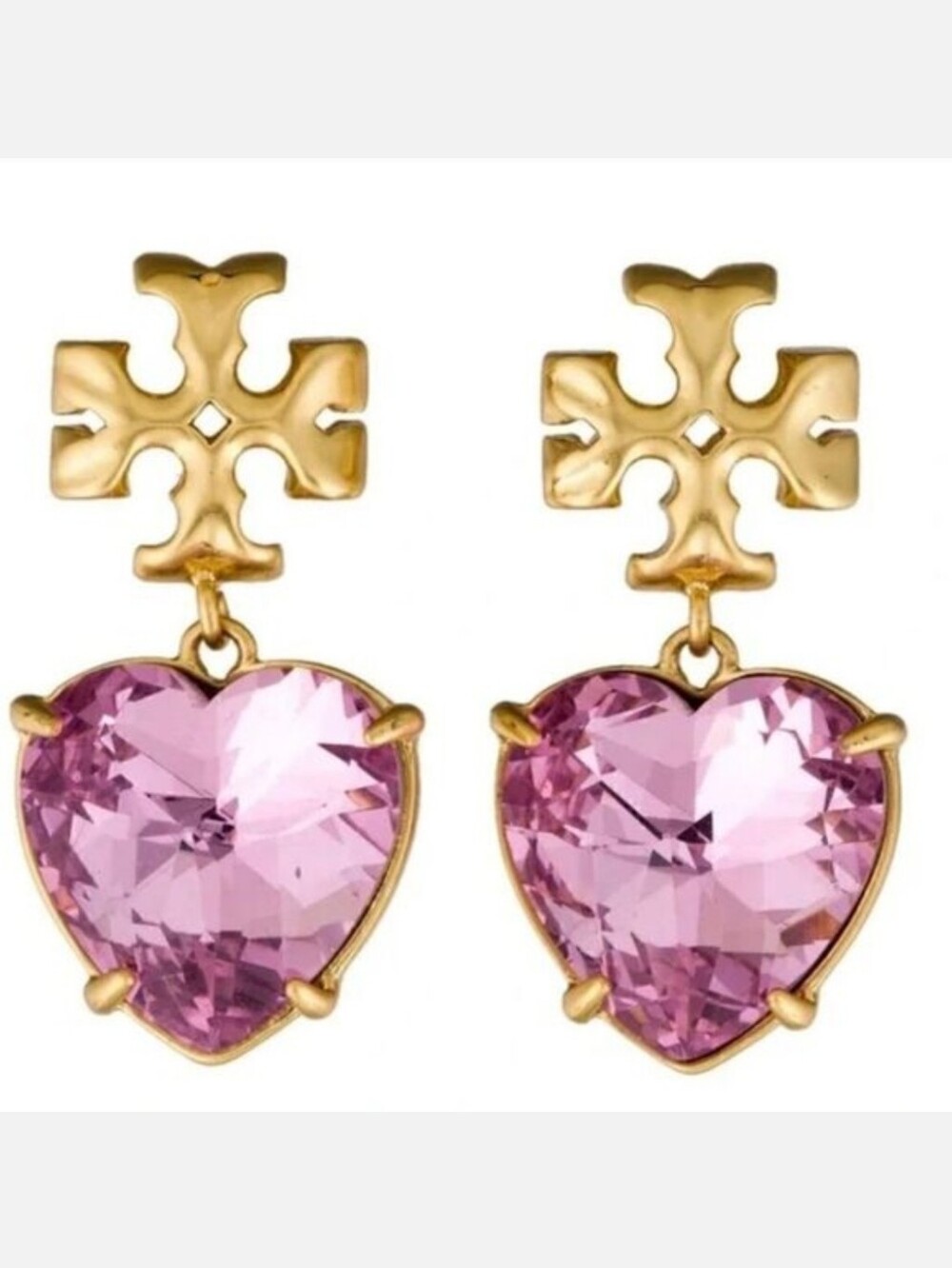 Tory Burch Gold Logo Pink Heart Crystal Drop Earrings